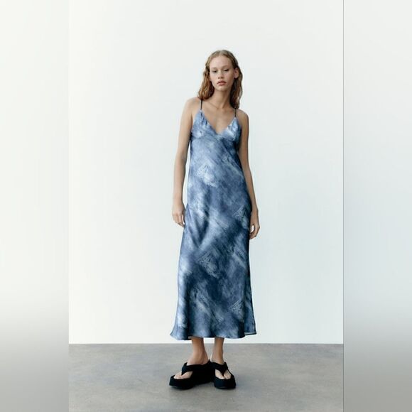 Zara PRINTED DENIM SATIN EFFECT SLIP DRESS - Picture 10 of 11